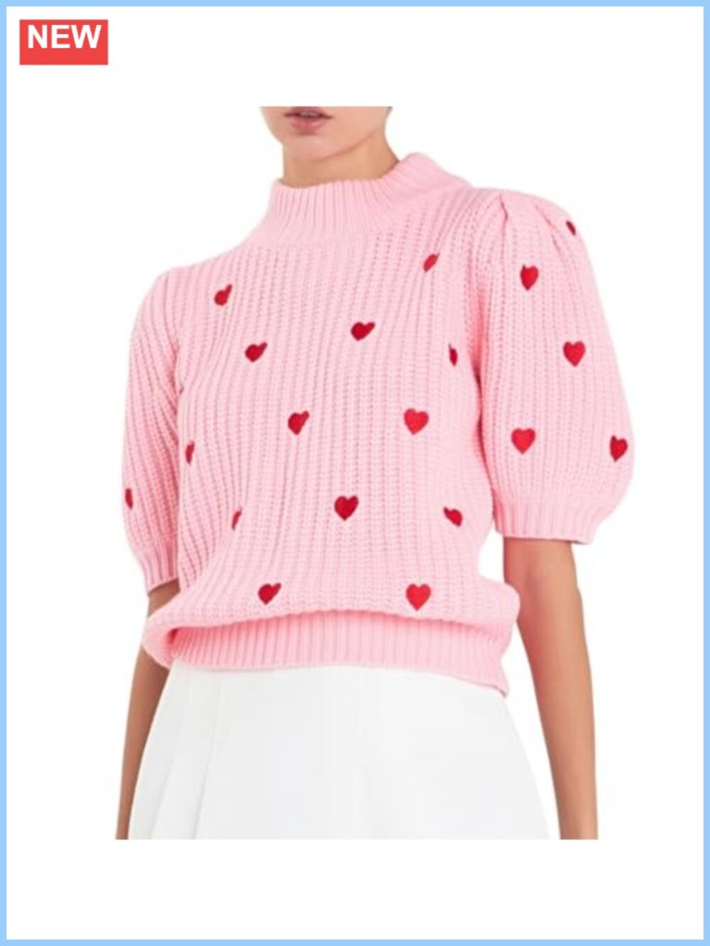 Mock Neck Puff Sleeve Heart Knit Sweater Vest Relaxed Fit